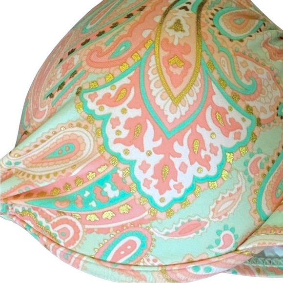 Forever 21 Bikini top Pink turquoise teal pastel paisley Molded Cups 26" - Picture 3 of 7